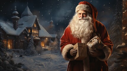 Background with Santa Claus in snowy landscape in vintage style.
