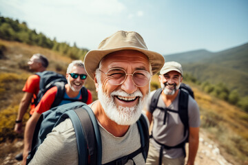 Happy senior man hiking with his friends in the mountains on a sunny day - obrazy, fototapety, plakaty
