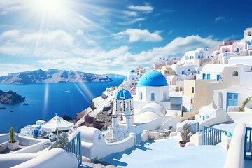 Panorama of scenic Oia, Santorini island. Generative AI - obrazy, fototapety, plakaty