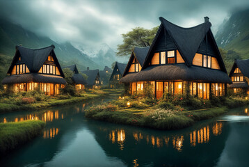 Landscape painting of a house with a pond in front of it and mountains in the background at night time with lights on the windows.