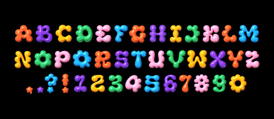 Trendy Y2K glossy 3D bubble font with inflated balloon English letters and numbers. Multicolored flower bloom shaped vector alphabet for 2000s and 90s designs