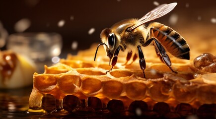 close-up of a bee on a honey, bee doing honey, bee in beehive, close-up of bee doing honey in beehive, honey background, bee wallpaper - obrazy, fototapety, plakaty