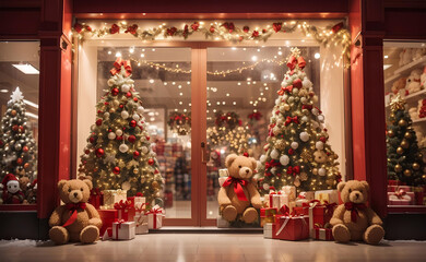 Teddy bears sitting in front of the shop with Christmas decoration. - Powered by Adobe