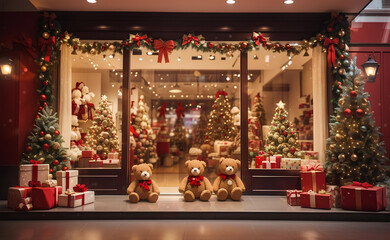 Teddy bears sitting in front of the shop with Christmas decoration. - obrazy, fototapety, plakaty