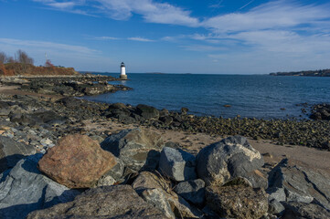 Fototapeta na wymiar Salem Massachusetts Lighthouse in the distance