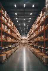 A large logistics warehouse filled with boxes parcels and merchandise. - obrazy, fototapety, plakaty