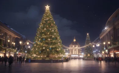 Deurstickers Beautiful big Christmas tree with Christmas decoration at central of city. © Creative_Bringer