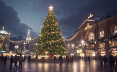 Fototapeta na wymiar Beautiful big Christmas tree with Christmas decoration at central of city.