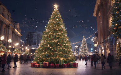 Beautiful big Christmas tree with Christmas decoration at central of city. - Powered by Adobe