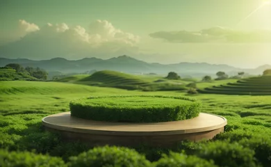 Tuinposter Modern podium with green tea field background. © Creative_Bringer