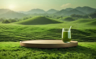 Poster Green tea product on podium with green tea field background. © Creative_Bringer