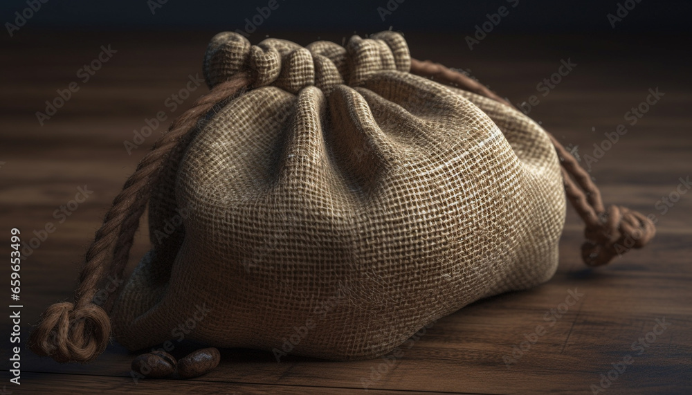 Aufkleber rustic burlap sack tied with rough string on wooden plank generated by ai