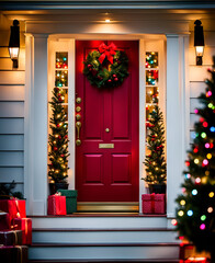 Red front door with christmas wreath. presents on  steps and mini christmas trees on a porch decorated for seasonal holiday displays. Glowing string lights and porch lights create bokeh and ambiance. 