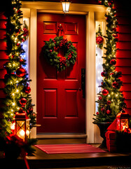 Fototapeta na wymiar Red front door with christmas wreath. Red bows and mini christmas trees on a porch decorated for seasonal holiday displays. Glowing string lights create bokeh and ambiance. 