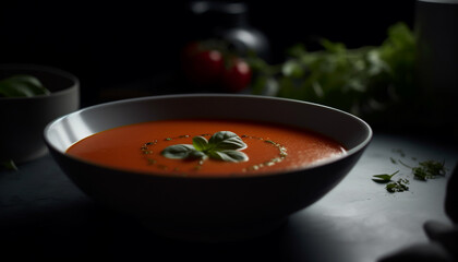 Fresh vegetarian tomato soup, a healthy gourmet appetizer for lunch generated by AI