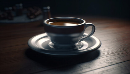 Hot coffee on rustic table, steam rising from frothy drink generated by AI