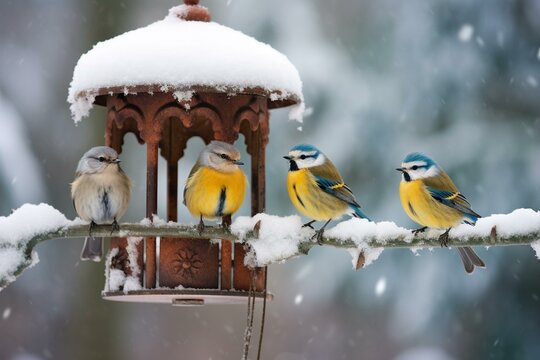 Small birds perching on a feeder during winter. Generative AI
