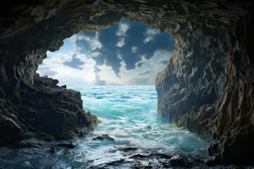 Fototapeta premium Serene Sea wave photo from cave. Rock scenic. Generate AI