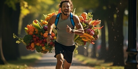 An Energetic Athlete Running Through a Park While Holding a Bouquet of Fruits and Vegetables, Emphasizing Nutritional Supplements, Vitamins, Plant Protein, and Muscle Growth in Pursuit of a Healthy Li - obrazy, fototapety, plakaty