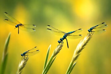five dragonflies on blade of grass in background of yellow blur. - Powered by Adobe