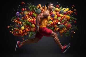 A Dynamic Athlete Races with a Bouquet of Fruits and Vegetables Against a Bold Black Background, Highlighting Nutritional Supplements, Vitamins, and Plant Protein for Muscle Growth in a Healthy Lifest - obrazy, fototapety, plakaty