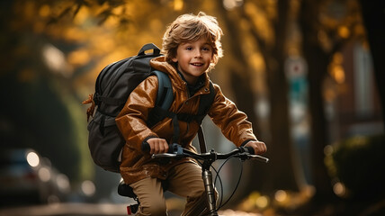 Fototapeta premium full length,photo of A child boy riding a bicycle goes to school,golden hour,generative ai