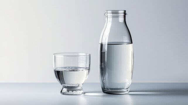 Full water bottle next to a crystal-clear glass brimming with refreshing water.generative ai