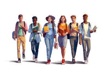 Obraz premium Group of multiracial and multicultural students. Young girls and boys holding books. isolated transparent backgroundgenerative ai