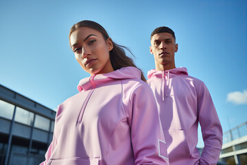 Two people in matching pink hoodies stand confidently against a modern building backdrop. - obrazy, fototapety, plakaty