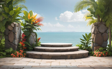 Stone podium with tropical plants and flowers nature background.