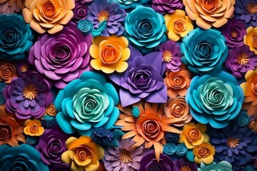 Colorful flower backdrop with roses in shades of yellow, violet, and turquoise. Digitally crafted 3D illustration. Generative AI