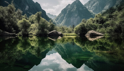 Majestic mountain range reflects in tranquil pond, natural beauty heaven generated by AI