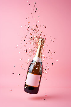 Bottle of champagne popping with a spray of confetti on a pink background.
