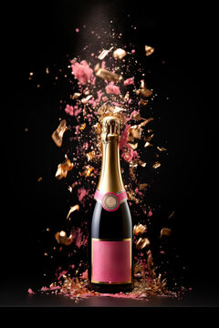 Elegant champagne bottle bursting with vibrant pink confetti and golden splashes on a dark backdrop.