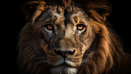 Fototapeta premium Majestic lion staring with alertness, focus on foreground, black background generated by AI