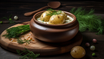Fresh vegetarian meal cooked with organic herbs on rustic crockery generated by AI