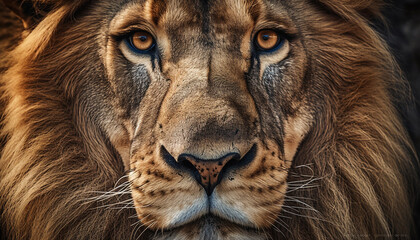 Majestic lion close up portrait, focusing on its fur and mane generated by AI