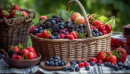 Organic berry basket  ripe, fresh, and healthy summer refreshment generated by AI