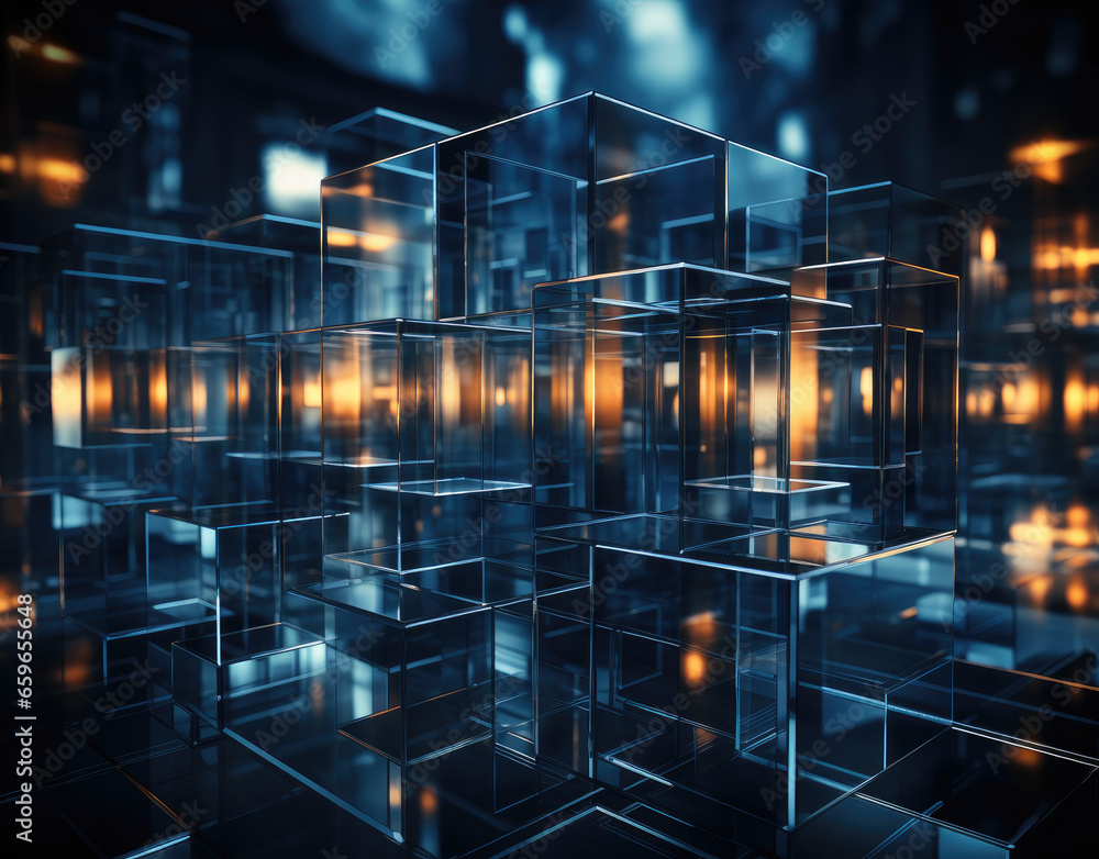Poster abstract blue background with glowing cubes. 3d rendering toned image