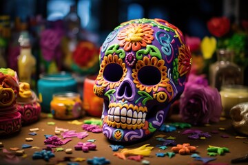 An intimate look at a beautifully adorned sugar skull, a significant representation of the Dia de los Muertos tradition