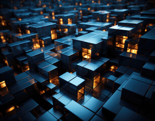 3d rendering of abstract metallic cubes background in black and blue colors