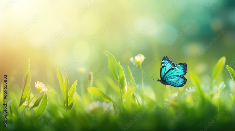 Poster beautiful colorful natural spring summer background with grass and a fluttering butterfly on a brigh