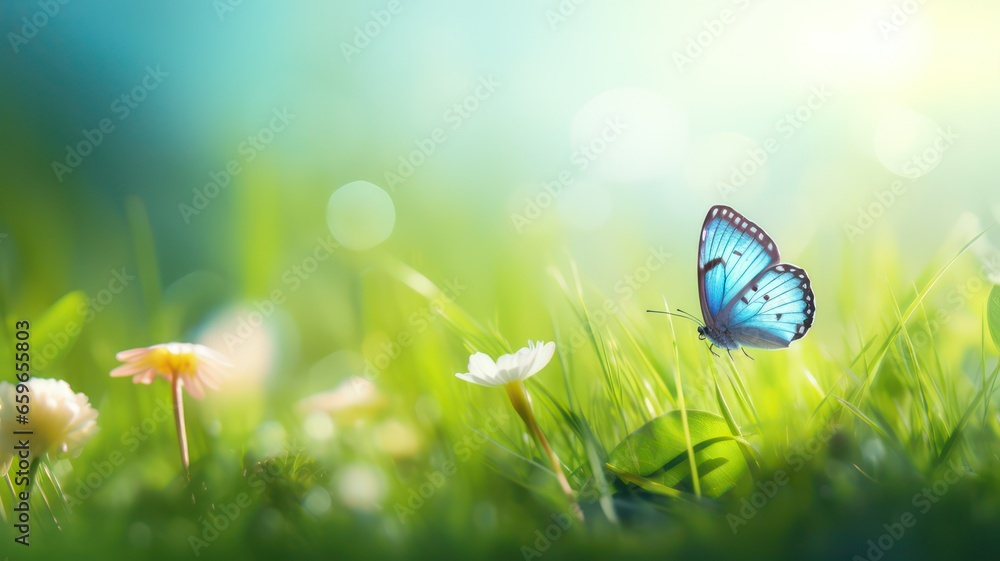 Poster beautiful colorful natural spring summer background with grass and a fluttering butterfly on a brigh