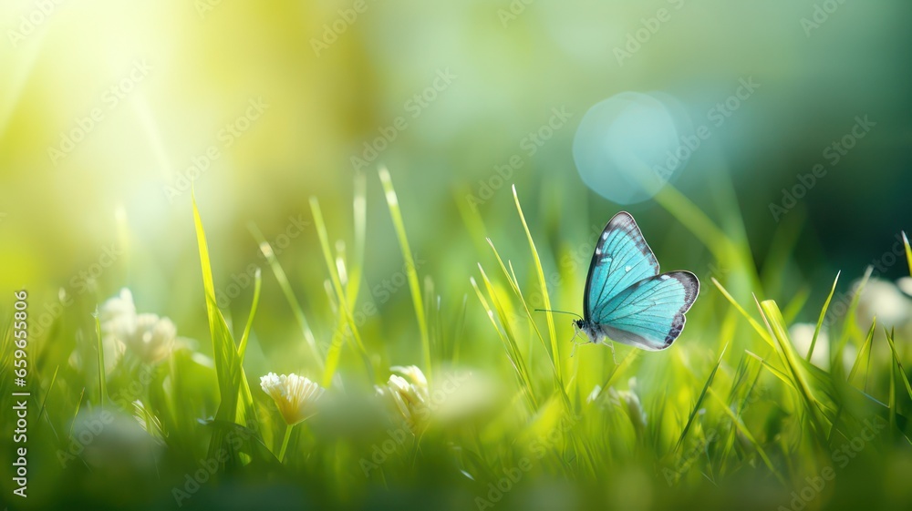 Poster beautiful colorful natural spring summer background with grass and a fluttering butterfly on a brigh