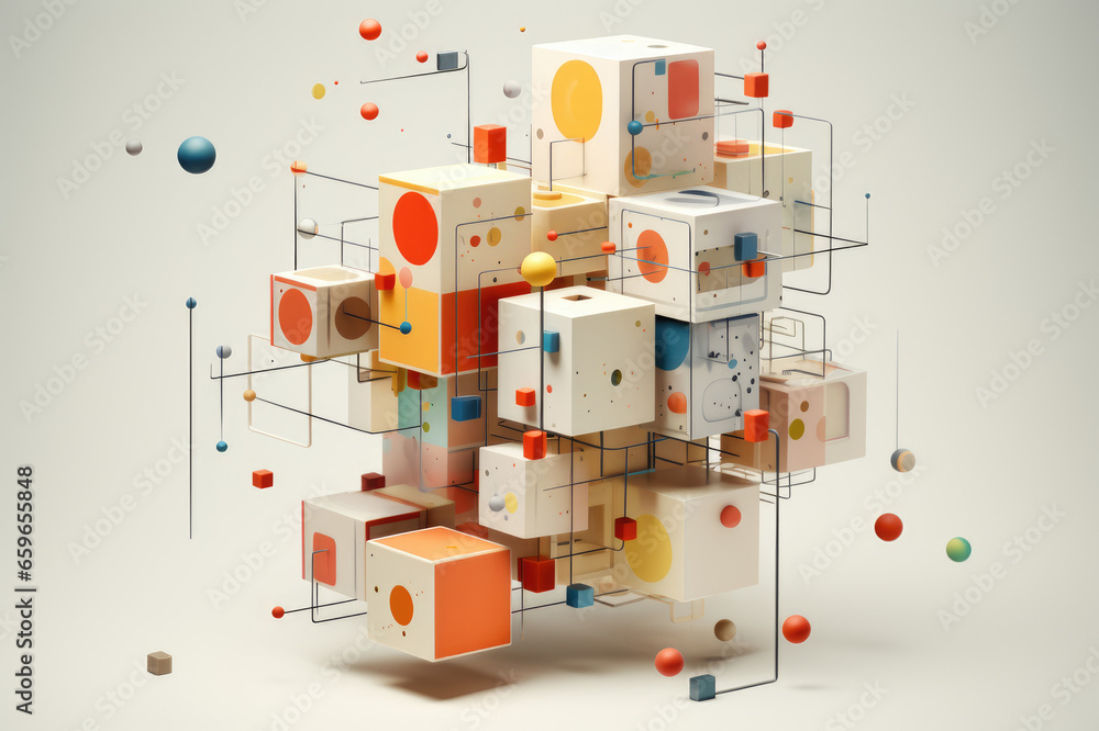 Fototapete abstract 3d illustration of cubes with geometric elements. 3d rendering.