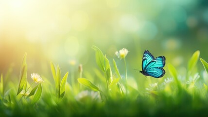Beautiful colorful natural spring summer background with grass and a fluttering butterfly on a bright sunny day, soft focus, panoramic view. created with Generative AI