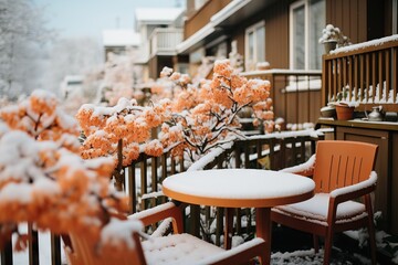 A snowy balcony scene showcasing autumn-colored trees and cozy outdoor furniture - obrazy, fototapety, plakaty