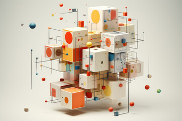 Abstract 3D illustration of cubes with geometric elements. 3D rendering.