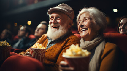 Cheerful senior couple with popcorn at cinema. elderly people.generative ai - obrazy, fototapety, plakaty
