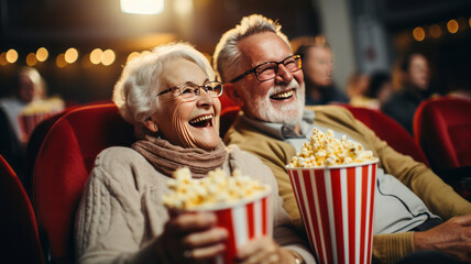 Cheerful senior couple with popcorn at cinema. elderly people.generative ai